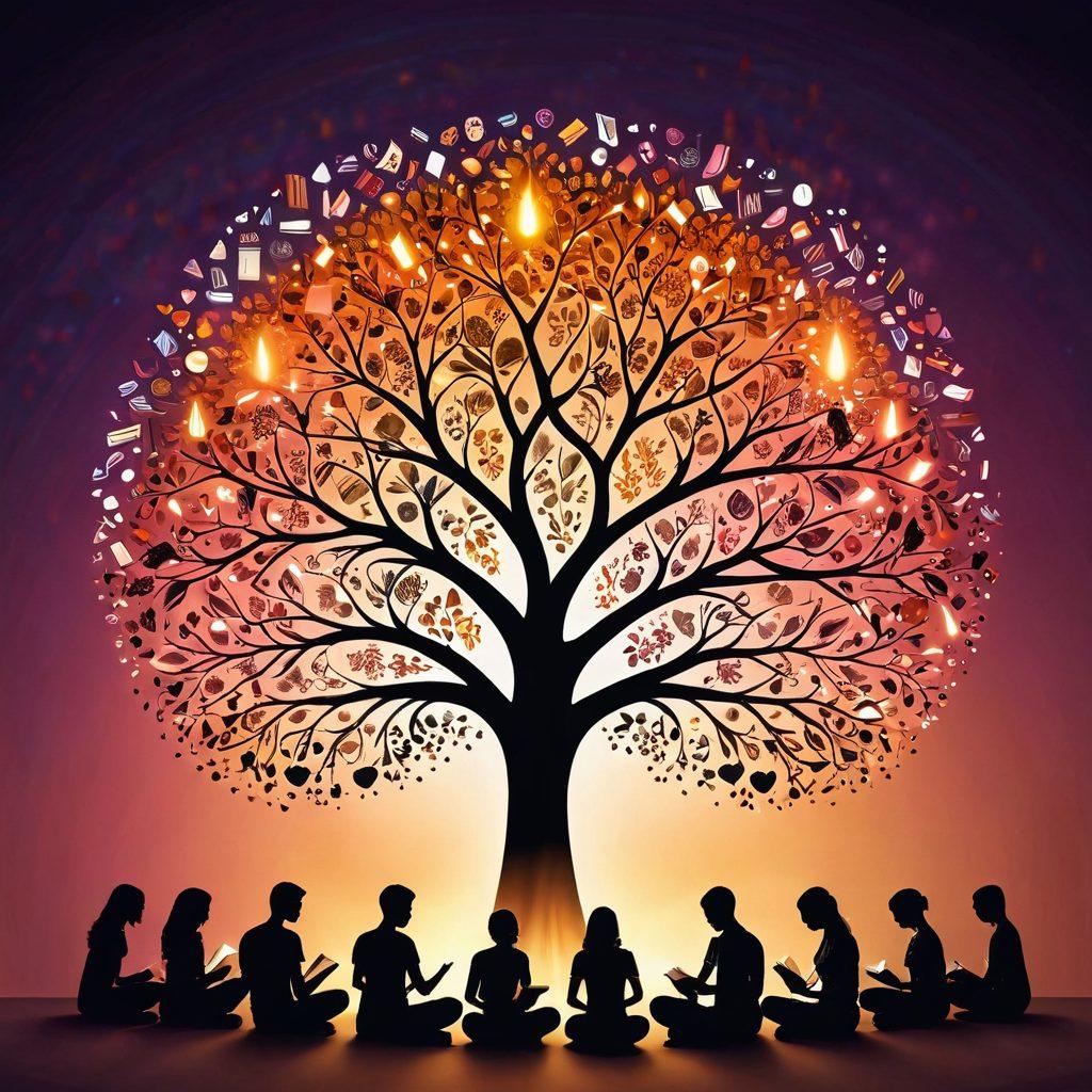 A powerful visual representation of knowledge as a glowing tree with shimmering leaves made of books and resources. In the background, a diverse group of people engaging in a supportive circle, sharing knowledge about cancer awareness, with symbols of hope and strength like ribbons and hearts interspersed. Soft, warm lighting to evoke a sense of empowerment and community. super-realistic. vibrant colors. warm background.