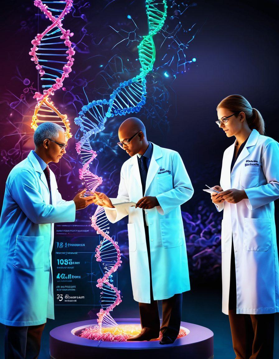 A cutting-edge laboratory scene showcasing doctors and researchers collaborating on innovative oncology treatments, featuring advanced technology and vibrant infographics on cancer statistics and breakthroughs. Incorporate a background with a glowing DNA helix and elements of nature symbolizing hope and healing. super-realistic. vibrant colors. 3D.