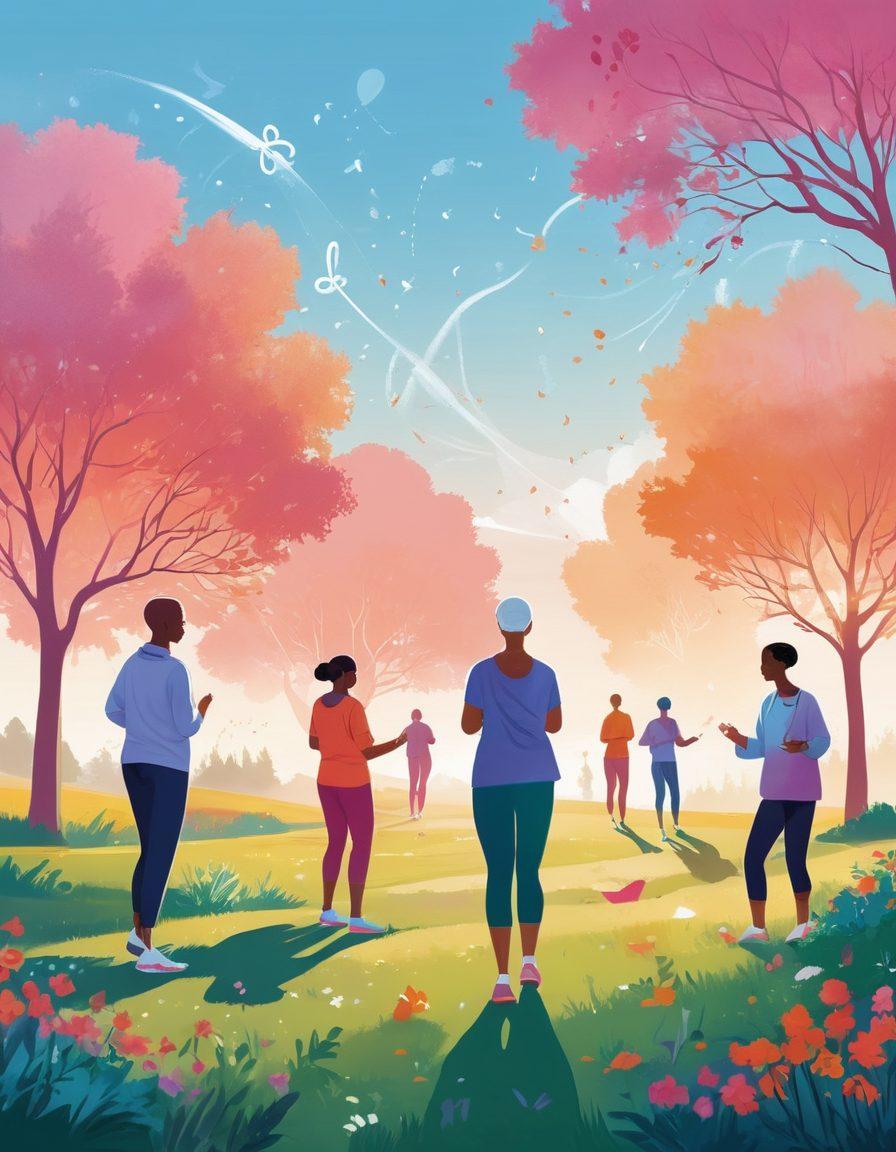 A serene and uplifting illustration featuring a diverse group of people engaged in healthy activities like outdoor exercise, meditation, and preparing nutritious meals. In the background, subtle imagery of cancer cell visualization merges with symbols of hope like ribbons and light, representing advancements in oncology. The scene radiates positivity and empowerment, emphasizing wellness and prevention. bright colors. vector art.